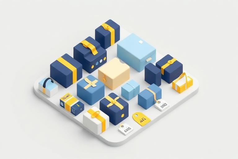Ilustração 3D de produtos organizados em uma grade, representando o catálogo