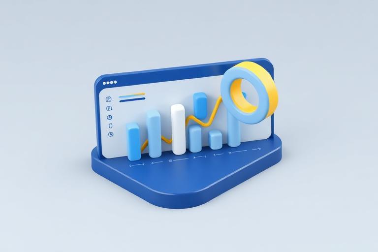 Ilustração 3D de um painel com gráficos de vendas e indicadores de desempenho