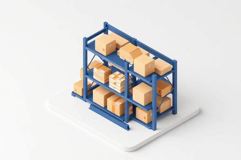 Ilustração 3D de prateleiras com caixas e indicador visual de quantidade em estoque