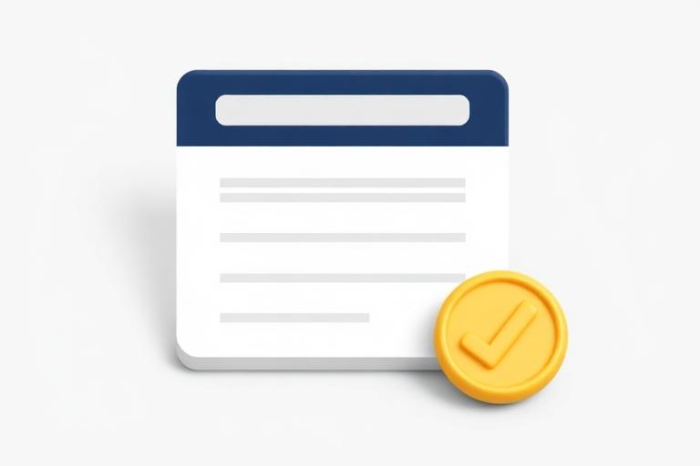 Ilustração 3D de um documento fiscal com selo de confirmação