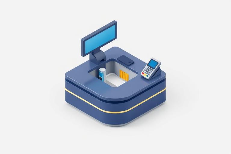 Ilustração 3D de um balcão comercial com monitor e maquininha de pagamento