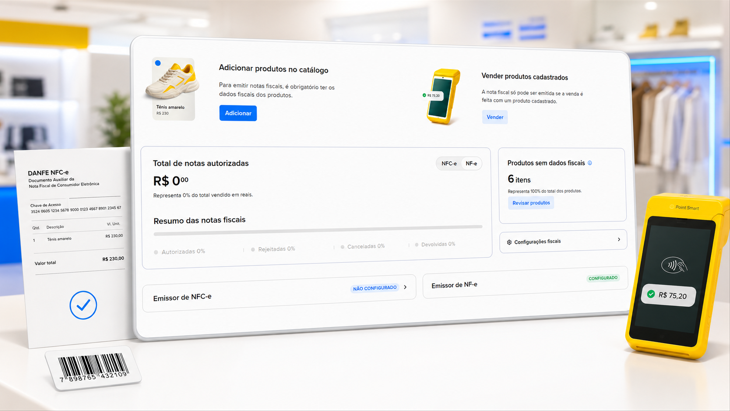 Tela de emissão de notas fiscais do Sistema de Gestão, com total de notas autorizadas, emissores de NFC-e e NF-e e maquininha Point Smart ao lado