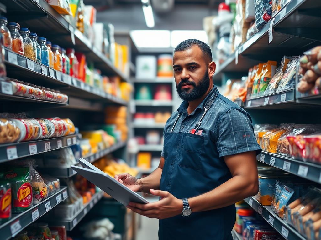 Comerciante conferindo o estoque da loja com um tablet nas mãos