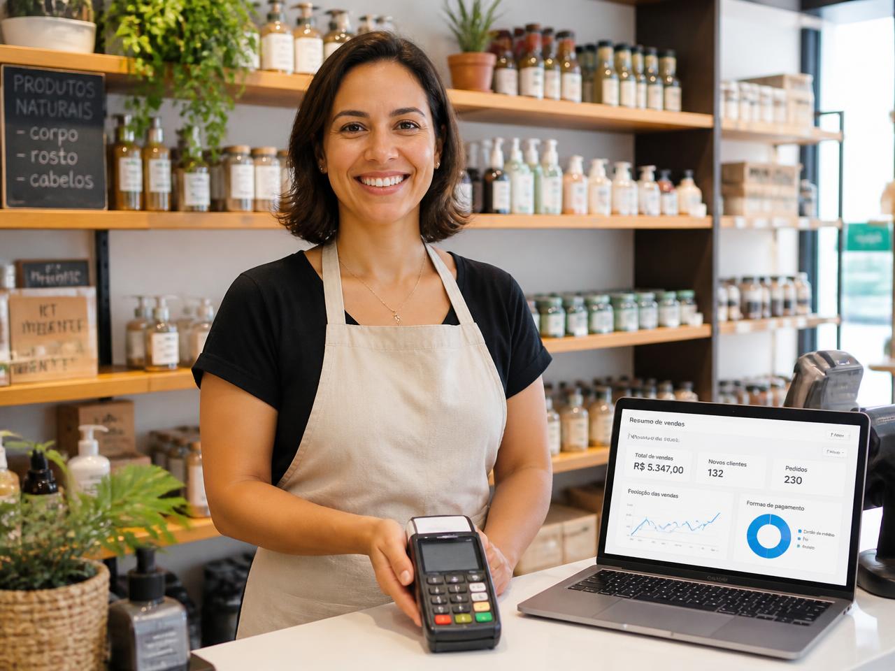 Comerciante atendendo no balcão da própria loja com maquininha de cartão e notebook exibindo um resumo de vendas